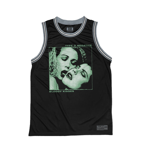 TYPE O NEGATIVE 'BLOODY KISSES' sleeveless basketball jersey in black, grey, and white front view