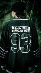 TYPE O NEGATIVE 'BLOODY KISSES' hockey jersey in black and white back view on male model