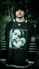 TYPE O NEGATIVE 'BLOODY KISSES' hockey jersey in black and white front view on male model