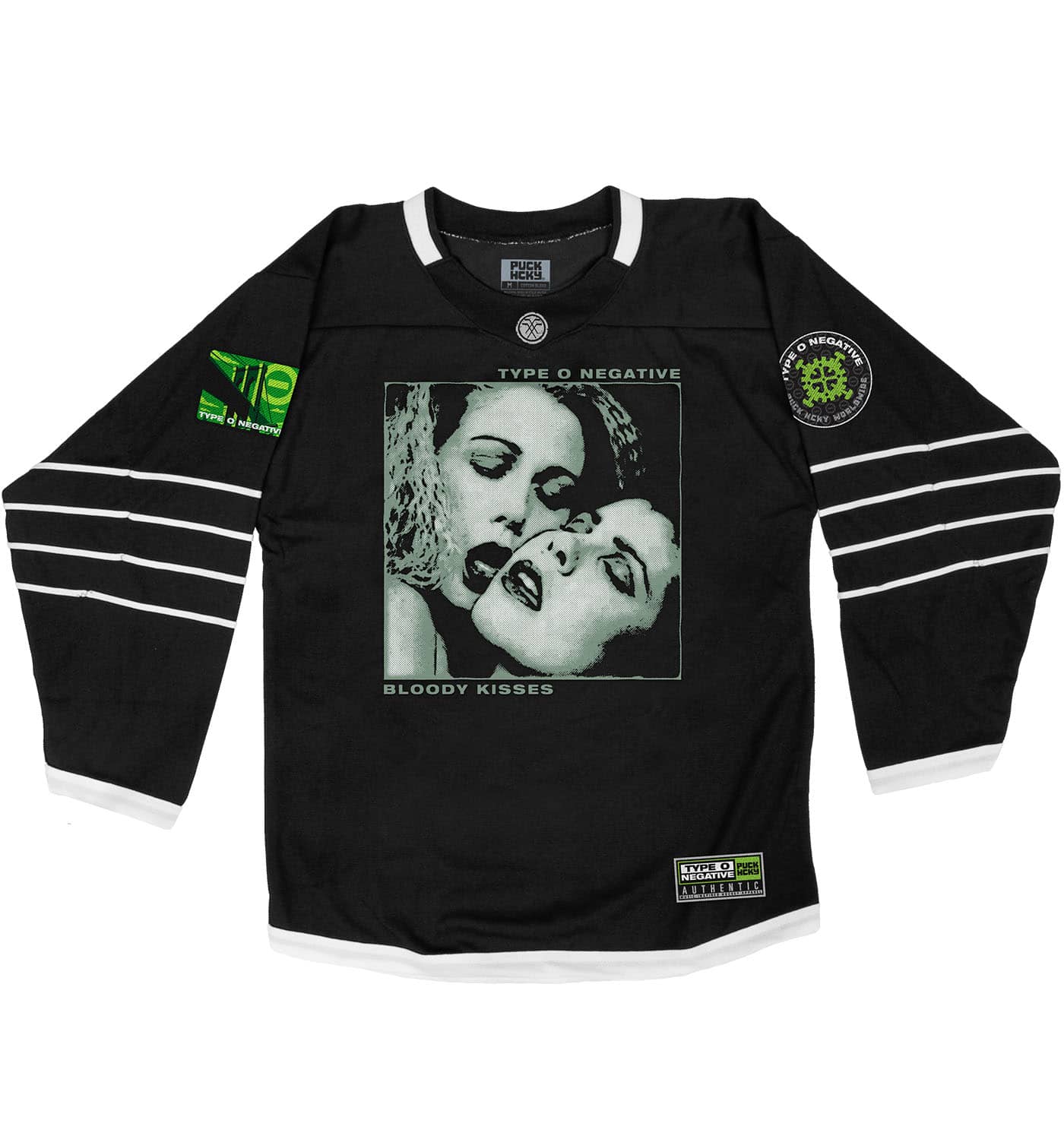 TYPE O NEGATIVE 'BLOODY KISSES' hockey jersey in black and white front view