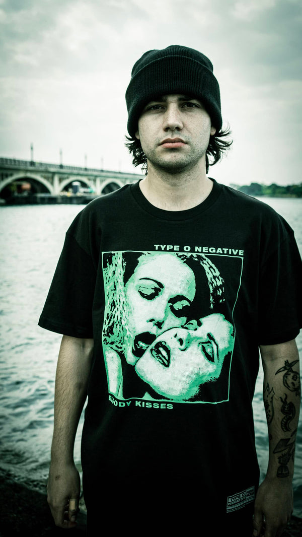 TYPE O NEGATIVE 'BLOODY KISSES' short sleeve hockey t-shirt in black front view on male model