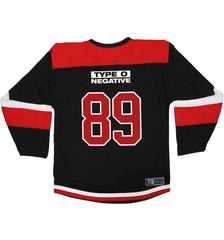 TYPE O NEGATIVE 'DISCOG' hockey jersey in black, red, and white back view