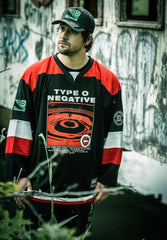 TYPE O NEGATIVE 'DISCOG' hockey jersey in black, red, and white front view on model