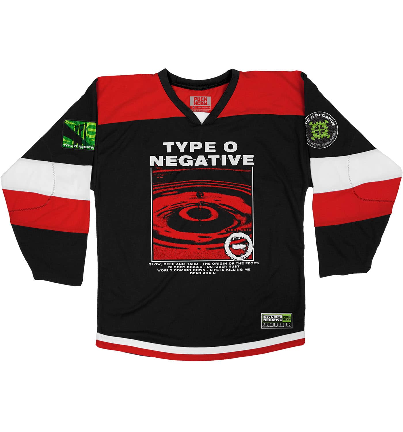 TYPE O NEGATIVE 'DISCOG' hockey jersey in black, red, and white front view