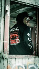 TYPE O NEGATIVE 'DISCOG' laced pullover hockey hoodie in black with red and white striped laces back view on model