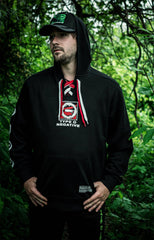 TYPE O NEGATIVE 'DISCOG' laced pullover hockey hoodie in black with red and white striped laces front view on model