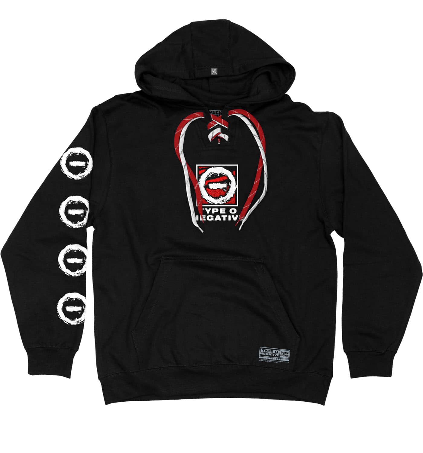 TYPE O NEGATIVE 'DISCOG' laced pullover hockey hoodie in black with red and white striped laces front view