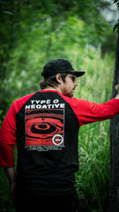 TYPE O NEGATIVE 'DISCOG' hockey raglan t-shirt in black with red sleeves back view on model