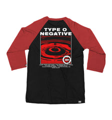 TYPE O NEGATIVE 'DISCOG' hockey raglan t-shirt in black with red sleeves back view