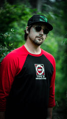 TYPE O NEGATIVE 'DISCOG' hockey raglan t-shirt in black with red sleeves front view on model