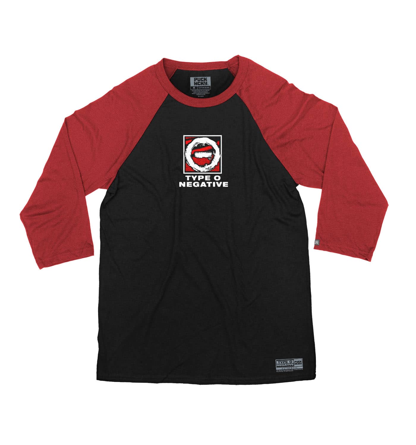 TYPE O NEGATIVE 'DISCOG' hockey raglan t-shirt in black with red sleeves front view