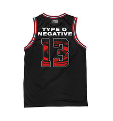 TYPE O NEGATIVE 'DISCOG' sleeveless summer league jersey in black, red, and white back view