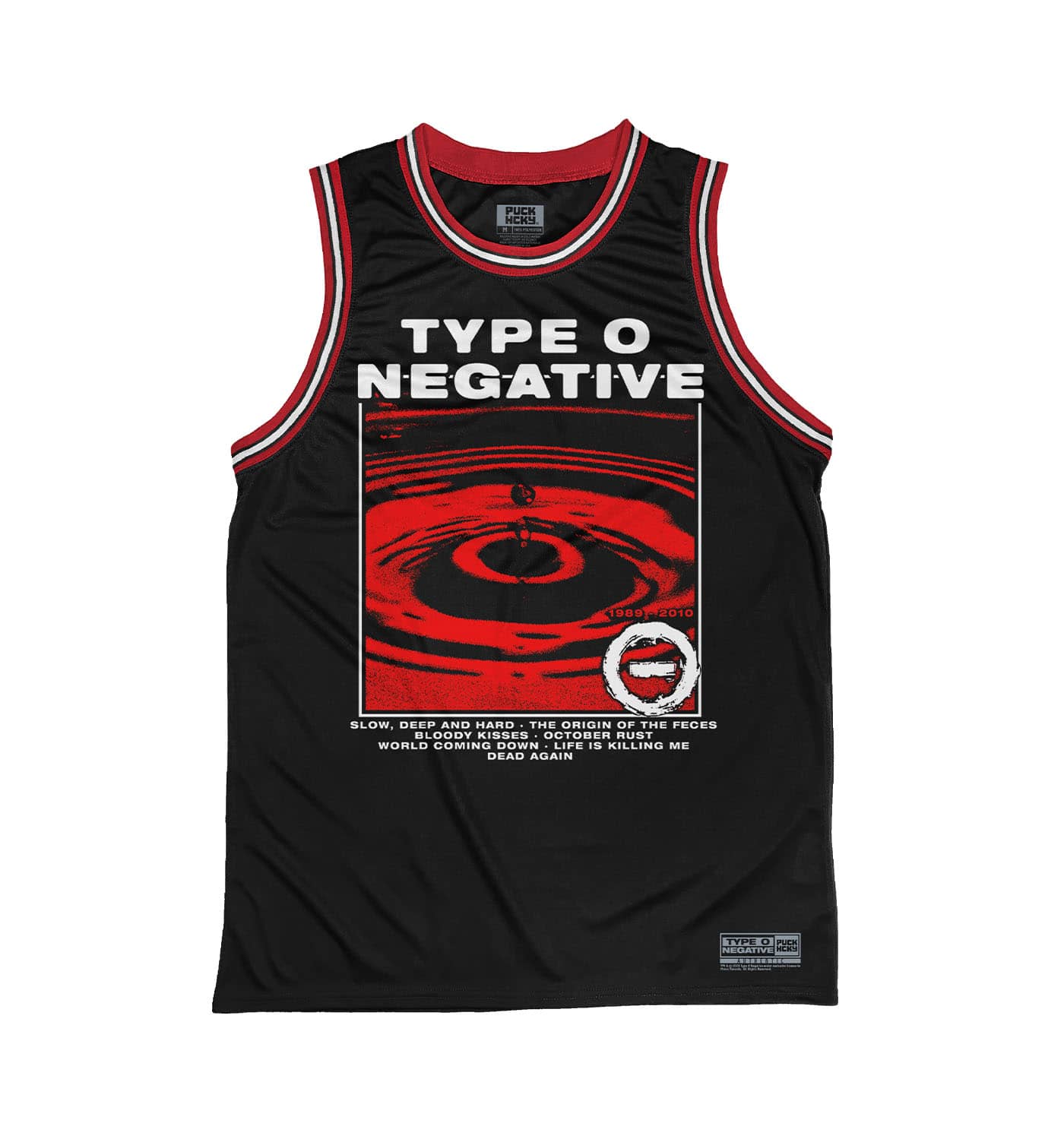 TYPE O NEGATIVE 'DISCOG' sleeveless summer league jersey in black, red, and white front view