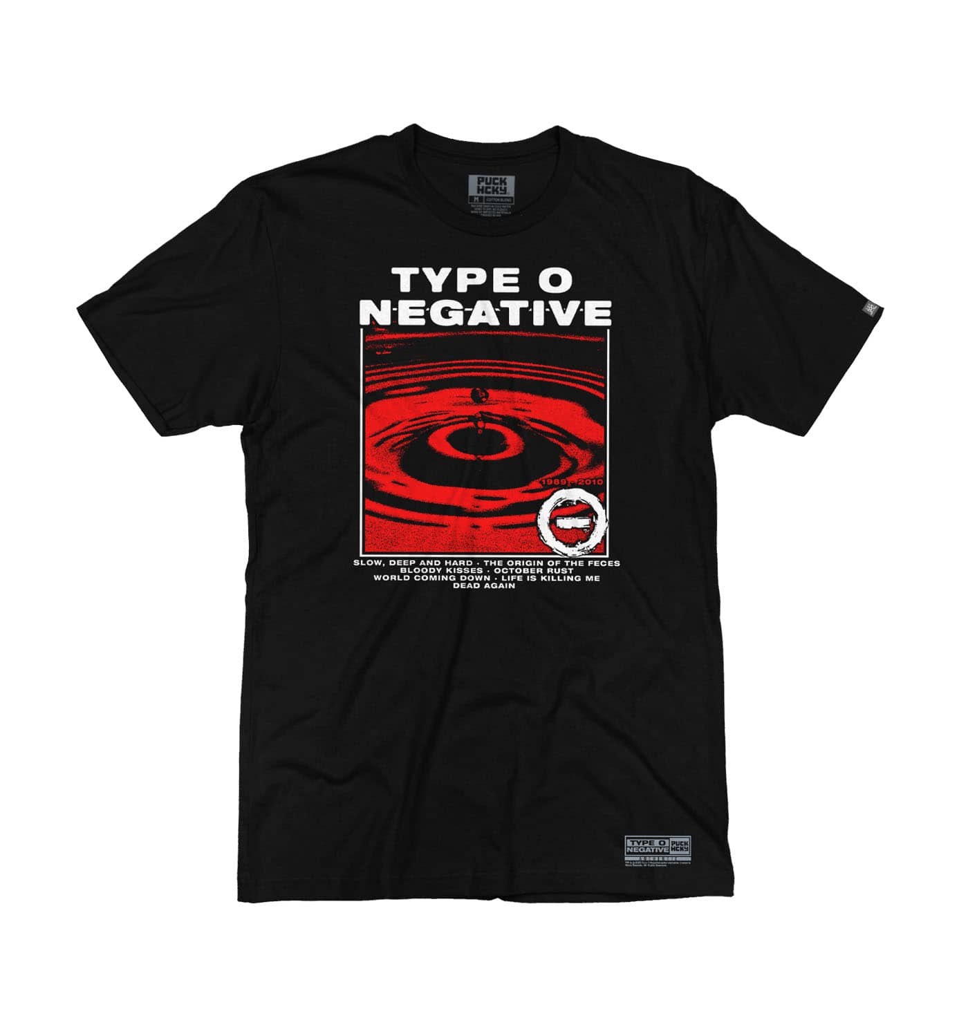 TYPE O NEGATIVE 'DISCOG' short sleeve hockey t-shirt in black front view