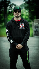 TYPE O NEGATIVE 'DISCOG' full zip hockey hoodie in black front view on male model