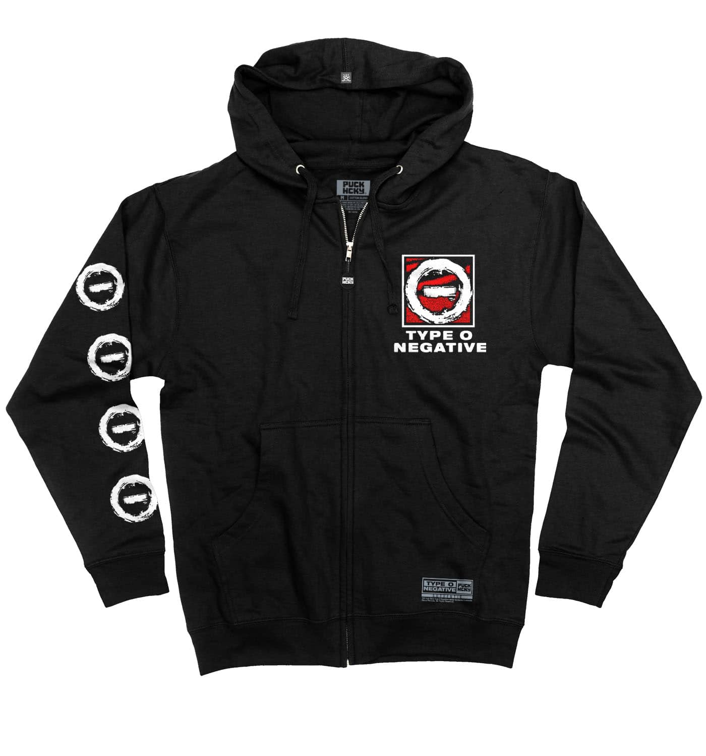 TYPE O NEGATIVE 'DISCOG' full zip hockey hoodie in black front view