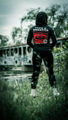 TYPE O NEGATIVE 'DISCOG' women's full zip hockey hoodie in acid black back view on model