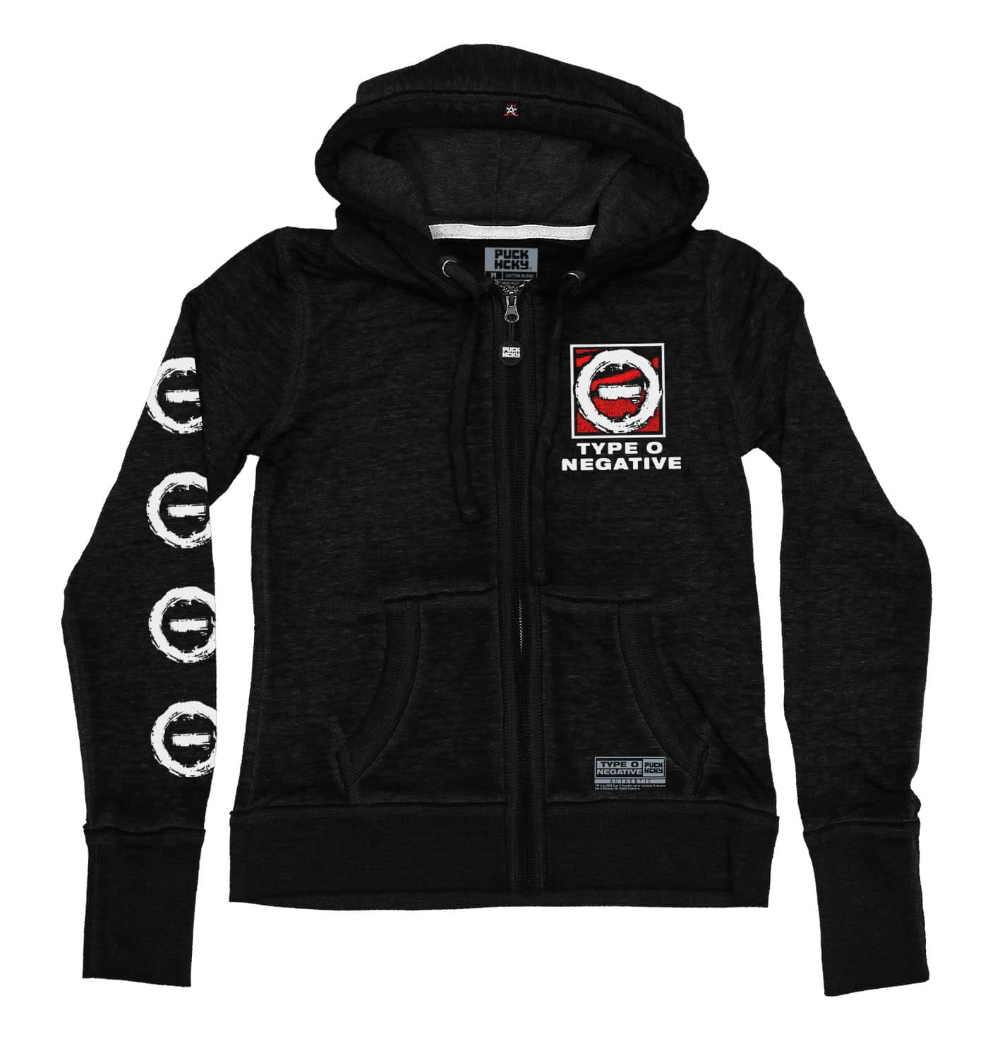 TYPE O NEGATIVE 'DISCOG' women's full zip hockey hoodie in acid black front view