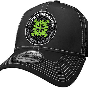 TYPE O NEGATIVE 'GEAR' stretch mesh contrast stitch hockey cap in black with white stitching front view