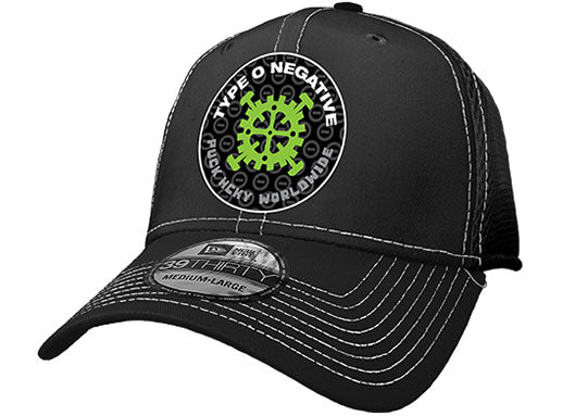 TYPE O NEGATIVE 'GEAR' stretch mesh contrast stitch hockey cap in black with white stitching front view