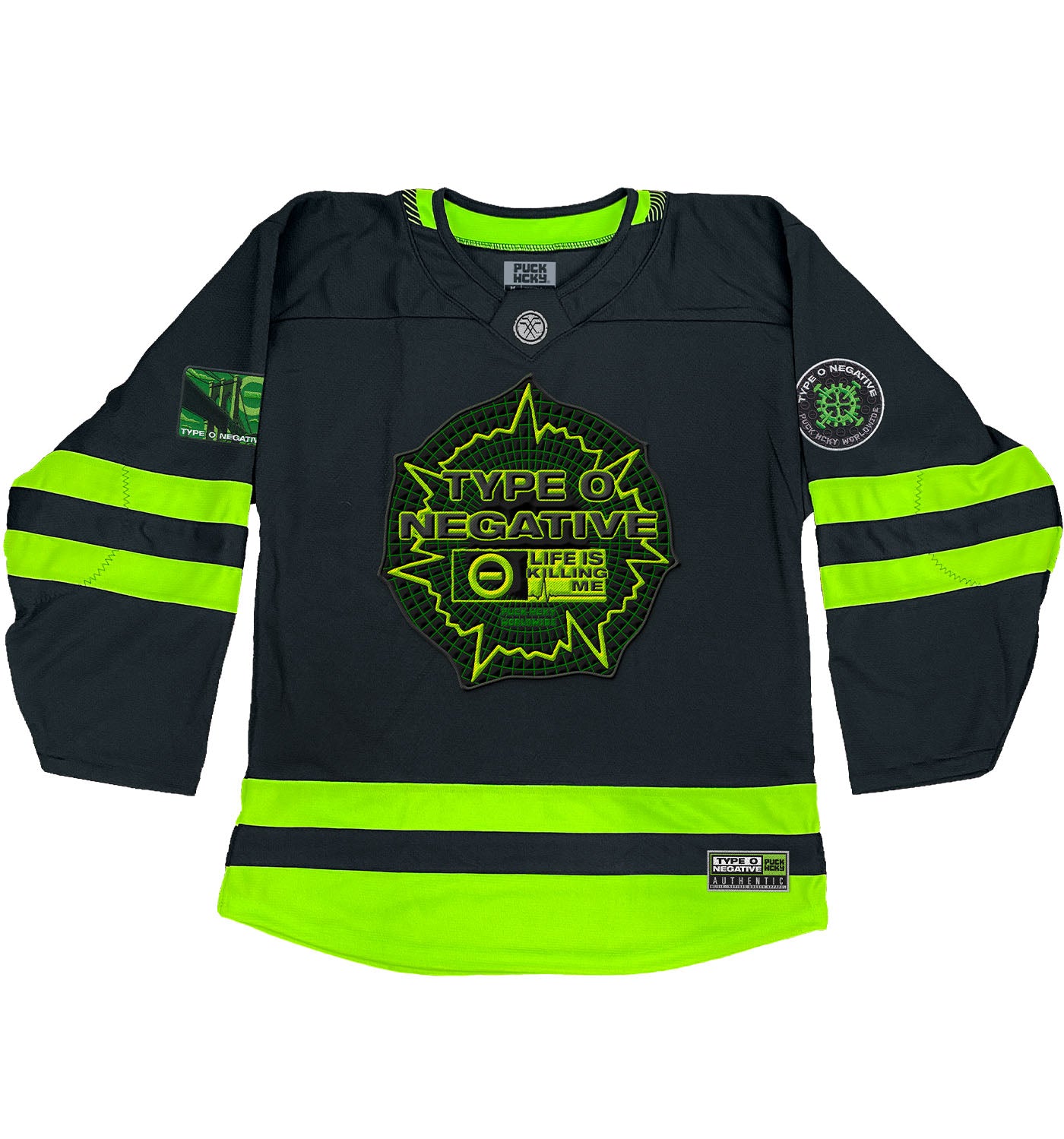TYPE O NEGATIVE 'LIFE IS KILLING ME' deluxe hockey jersey in black and neon green front view