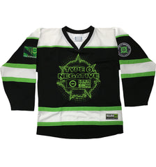 TYPE O NEGATIVE 'LIFE IS KILLING ME' hockey jersey in black, white, and lime green front view