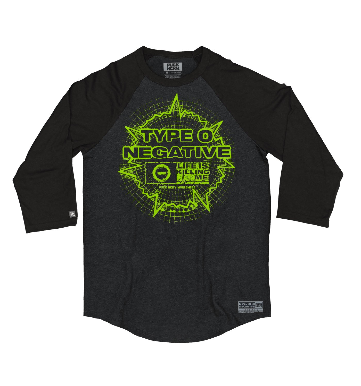 TYPE O NEGATIVE 'LIFE IS KILLING ME' hockey raglan t-shirt in graphite heather with black sleeves front view