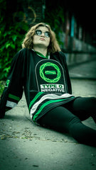 TYPE O NEGATIVE 'THORN' deluxe hockey jersey in black, kelly green, and white front view on model