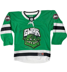 GWAR 'THE BONESNAPPER' deluxe limited edition autographed hockey jersey in kelly green, white, and black front view