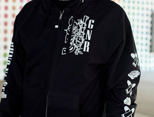 GUNS N' ROSES 'WORLDWIDE' full zip hockey hoodie in black front view on model