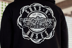 GUNS N' ROSES 'WORLDWIDE' full zip hockey hoodie in black back view on model