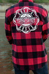 GUNS N' ROSES ‘WORLDWIDE’ hockey flannel in red back view on model