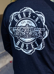 GUNS N' ROSES 'WORLDWIDE' hockey raglan t-shirt in graphite heather with black sleeves back view on model