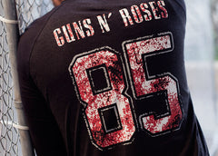 GUNS N' ROSES 'THE KINGS' hockey raglan t-shirt in graphite heather with black sleeves back view on model