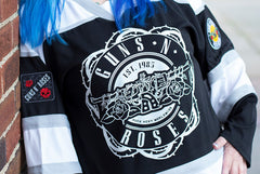 GUNS N' ROSES ‘WORLDWIDE’ hockey jersey in black, white, and grey front view on model