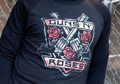 GUNS N' ROSES 'THE KINGS' hockey raglan t-shirt in graphite heather with black sleeves front view on model
