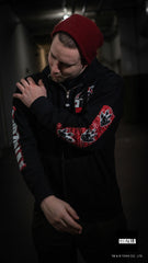 GODZILLA ‘AWAKENED’ full zip hockey hoodie in black side view on model