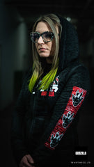 GODZILLA ‘AWAKENED’ women's full zip hockey hoodie in acid black front view on model