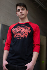CANNIBAL CORPSE 'PROPERTY OF' hockey raglan in black with red sleeves on model