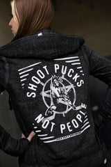 PUCK HCKY 'SHOOT PUCKS NOT PEOPLE - THE BIG SKATE' women's zip hockey hoodie in acid black on model back view