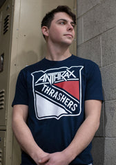 ANTHRAX 'METAL THRASHING MAD' short sleeve hockey t-shirt in navy on model front view
