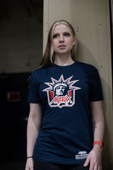 ANTHRAX 'LADY OF THRASH' short sleeve hockey t-shirt in navy on model front view