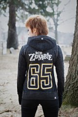 ROB ZOMBIE 'MARS NEEDS HCKY' women's full zip hockey hoodie in acid black back view on model