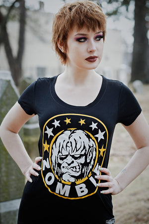 ROB ZOMBIE 'MARS NEEDS HCKY' women's short sleeve hockey t-shirt front view on model