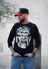 ROB ZOMBIE 'SKATERBEAST' hockey raglan t-shirt in grey with black sleeves front view on model