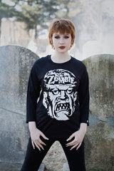 ROB ZOMBIE 'SKATERBEAST' hockey raglan t-shirt in grey with black sleeves front view on model