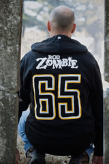 ROB ZOMBIE 'MARS NEEDS HCKY' full zip hockey hoodie in black back view on model