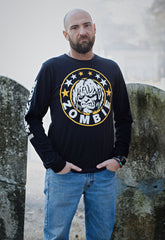 ROB ZOMBIE 'MARS NEEDS HCKY' long sleeve hockey t-shirt in black front view on model