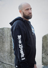 ROB ZOMBIE 'SKATANIC' full zip hockey hoodie in black front view on model