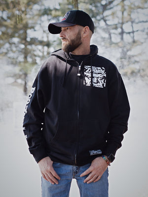 ROB ZOMBIE 'SKATERBEAST' full zip hockey hoodie in black front view on model